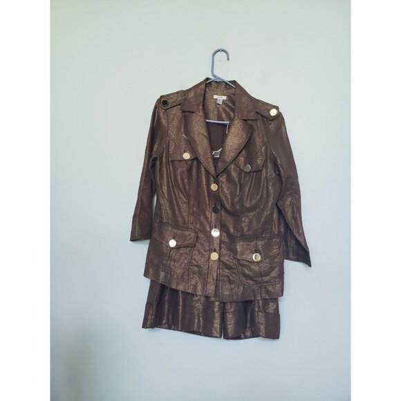 Cache Outfit Set Womens Blazer Sz L Shorts 10 Gold Sparkly Linen Cotton Blend